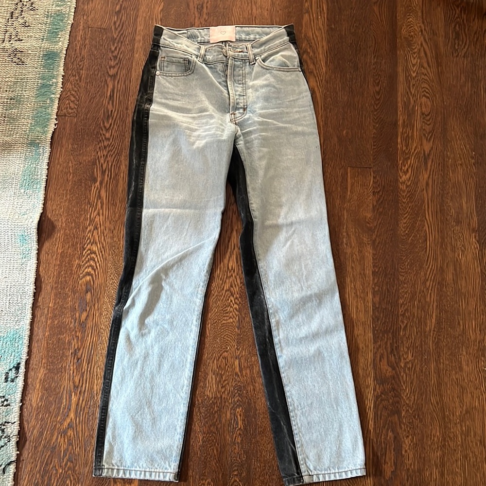 Colorblock jeans, size 25, good condition, straight leg, revice denim